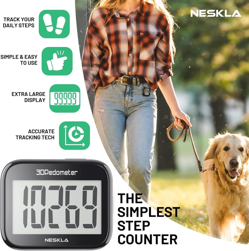 NESKLA 3D Pedometer for Walking, Simple Step Counter with Large Digital Display, Step Tracker with Removable Clip Lanyard, Accurately Track Steps for Men Women Kids Adults Seniors - Image 2